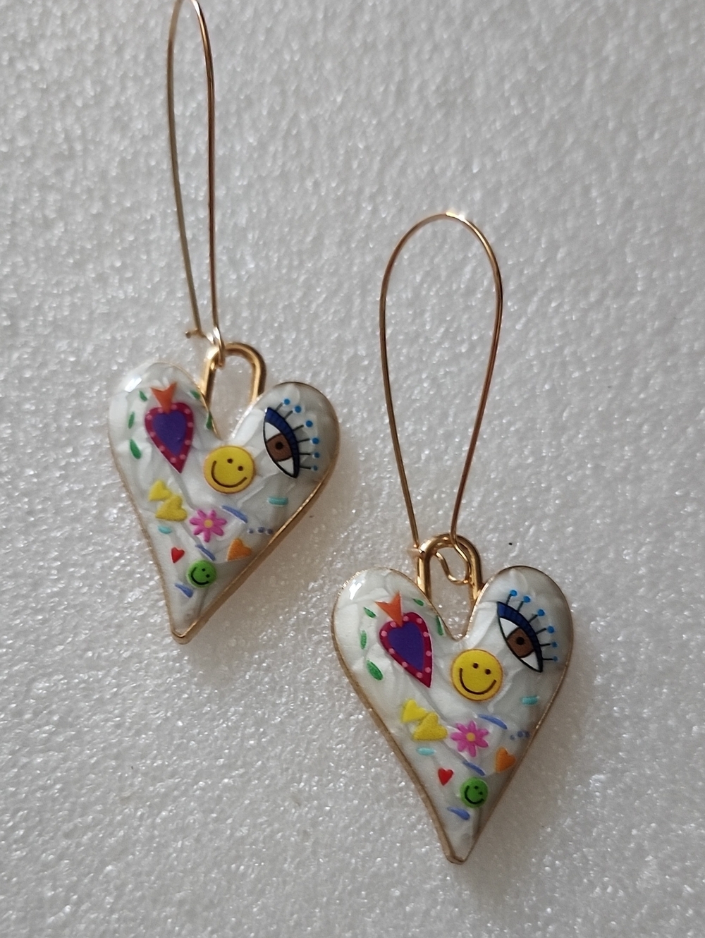 Hand Crafted White Heart Earrings with Multicolor Smiley & Eye Accents